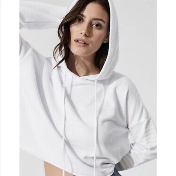 ALO Yoga Tops - NWT Alo Yoga Box Crop Hoodie Sweatshirt in White Beaded Sleeve M